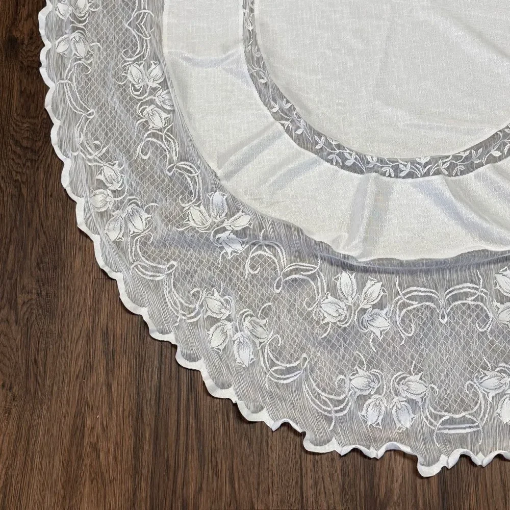 Vintage Ivory White Oval Tablecloth Solid Central Panel With Tiered Lace Border